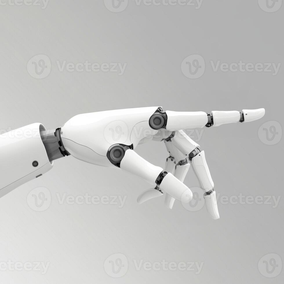 Robotic hand reaching out with precision in a modern design against a neutral background photo