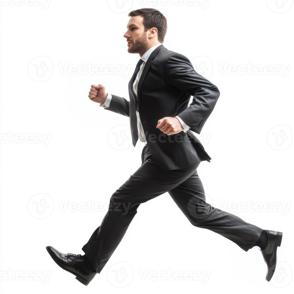 Professional man runs swiftly in a business suit against a plain background as he prepares for an important meeting photo