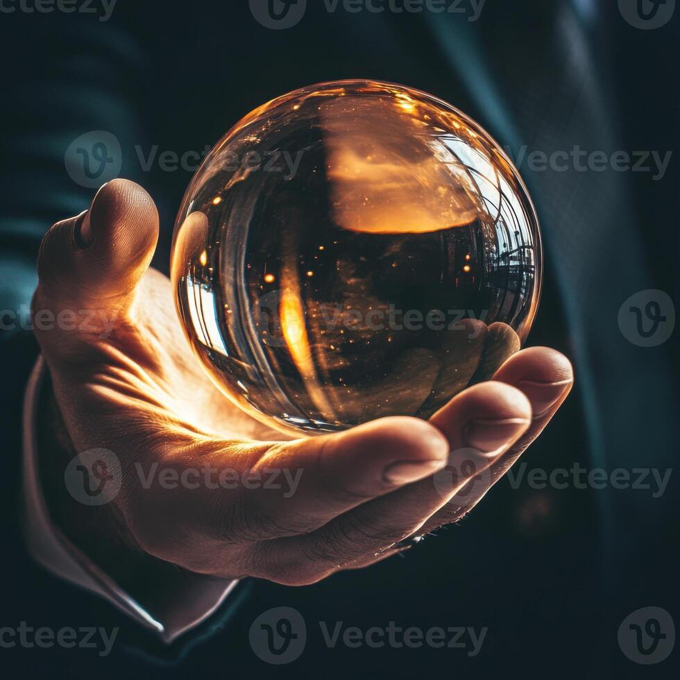 Man holds a shimmering crystal ball reflecting warm light in a stylish indoor setting photo