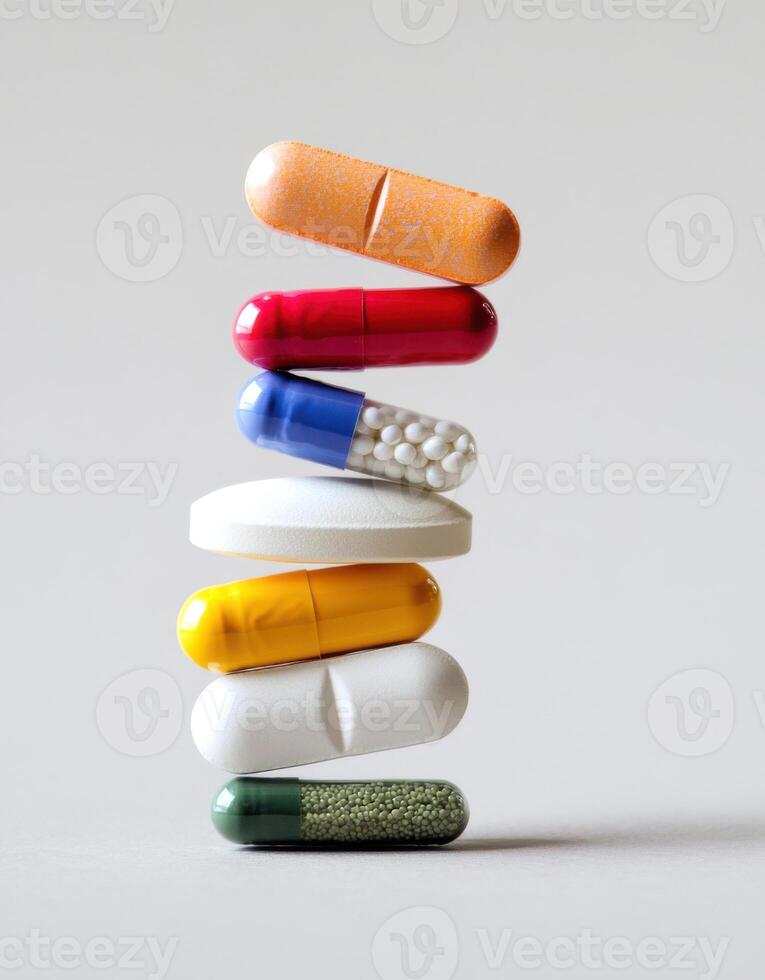 Colorful capsules stacked creatively on a plain background showcasing various shapes and sizes of medication photo