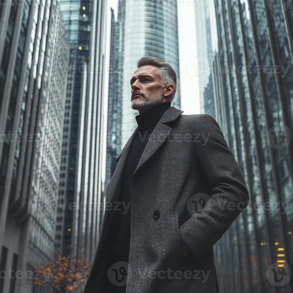 Stylish man in modern urban setting dressed in a gray coat against a backdrop of skyscrapers photo