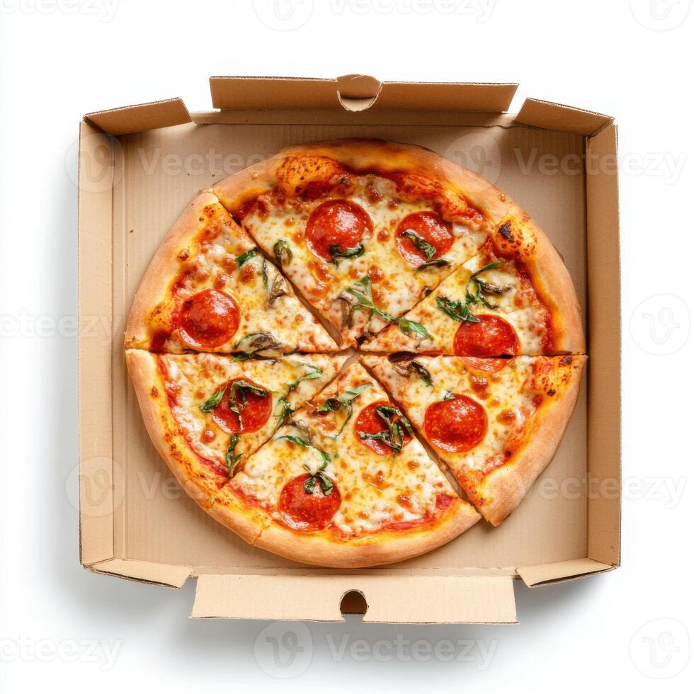 Freshly baked pepperoni pizza served in a takeout box ready for delivery to enjoy at home photo