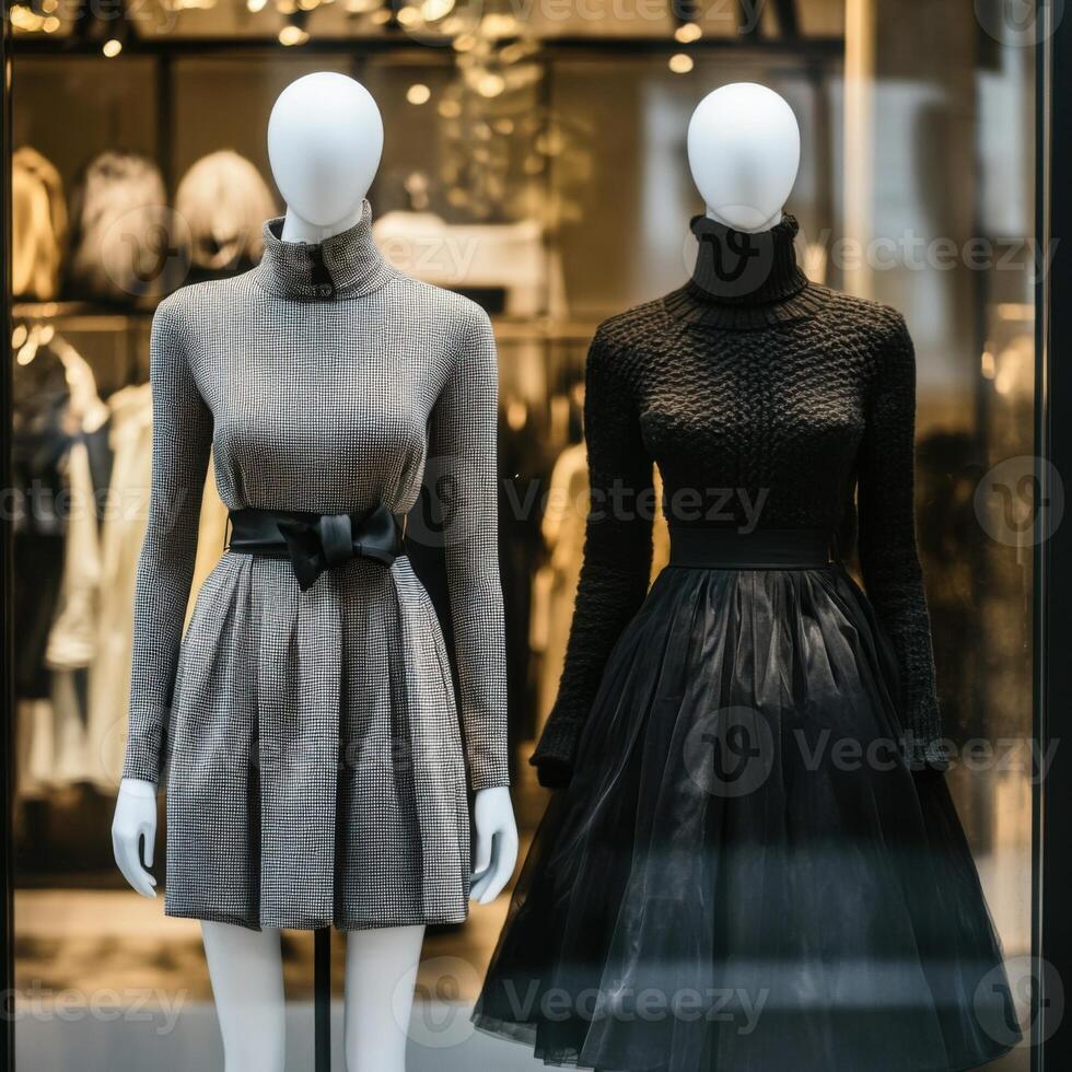 Elegant mannequins display stylish clothing in a boutique window during the fall season photo