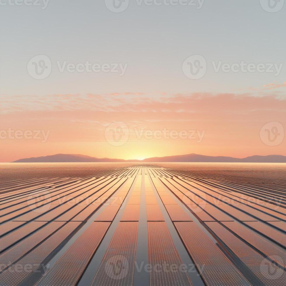 Sunrise over a reflective landscape with distant mountains and solar panels photo