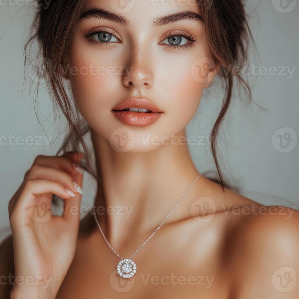Elegant woman showcases silver necklace with intricate design in soft natural light photo