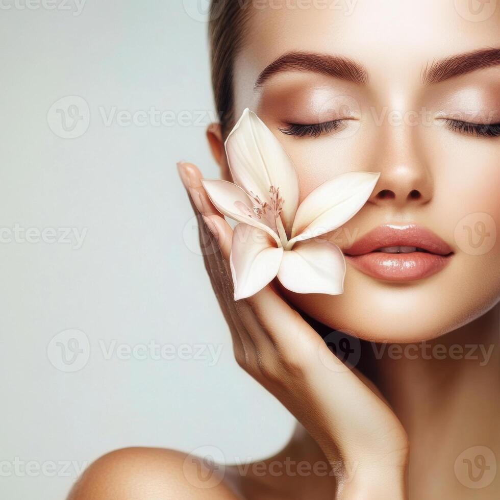 Elegance and beauty bloom with a young woman holding a white flower near her face in a soft light setting photo