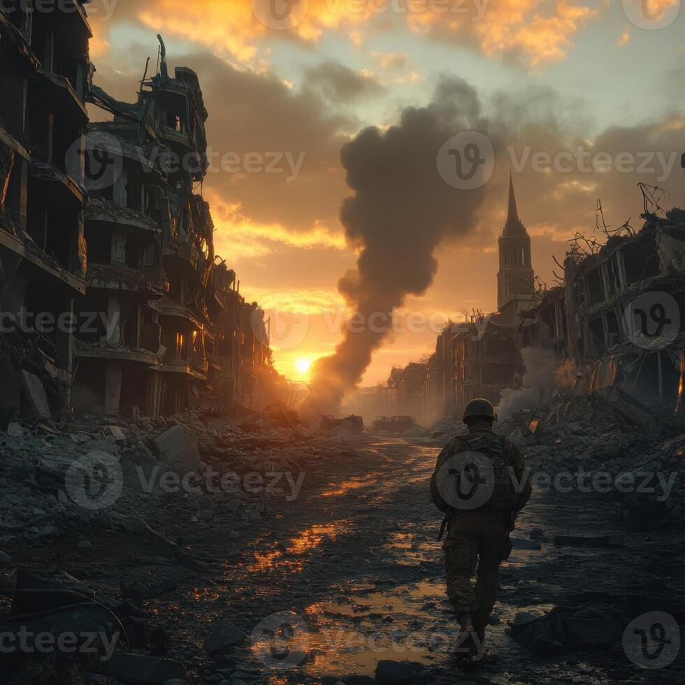 Soldier walks through devastated city at sunset, facing ruins and smoke against a vibrant sky photo