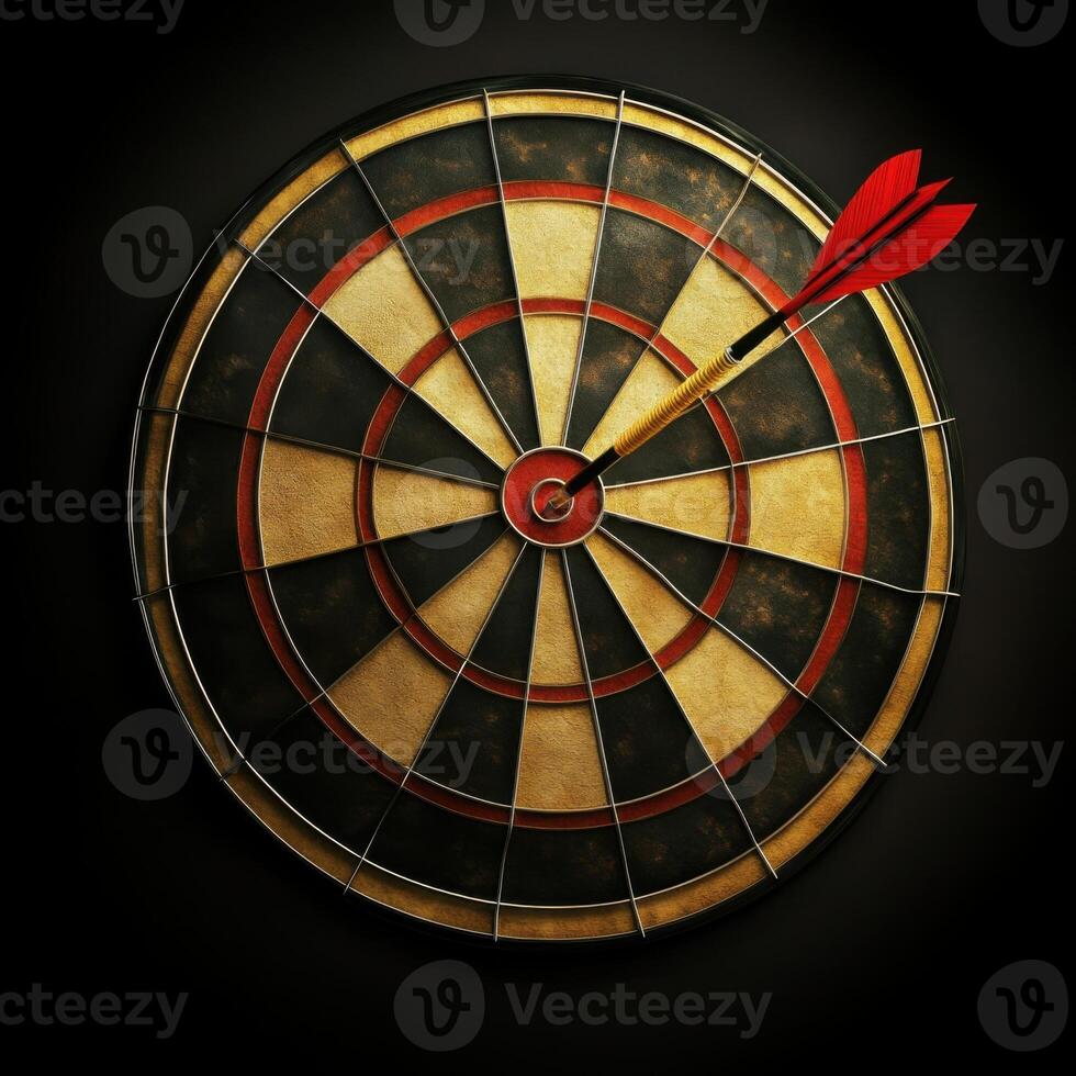 Dartboard with Perfectly Aimed Dart Centered on Bullseye During Evening Game Night photo