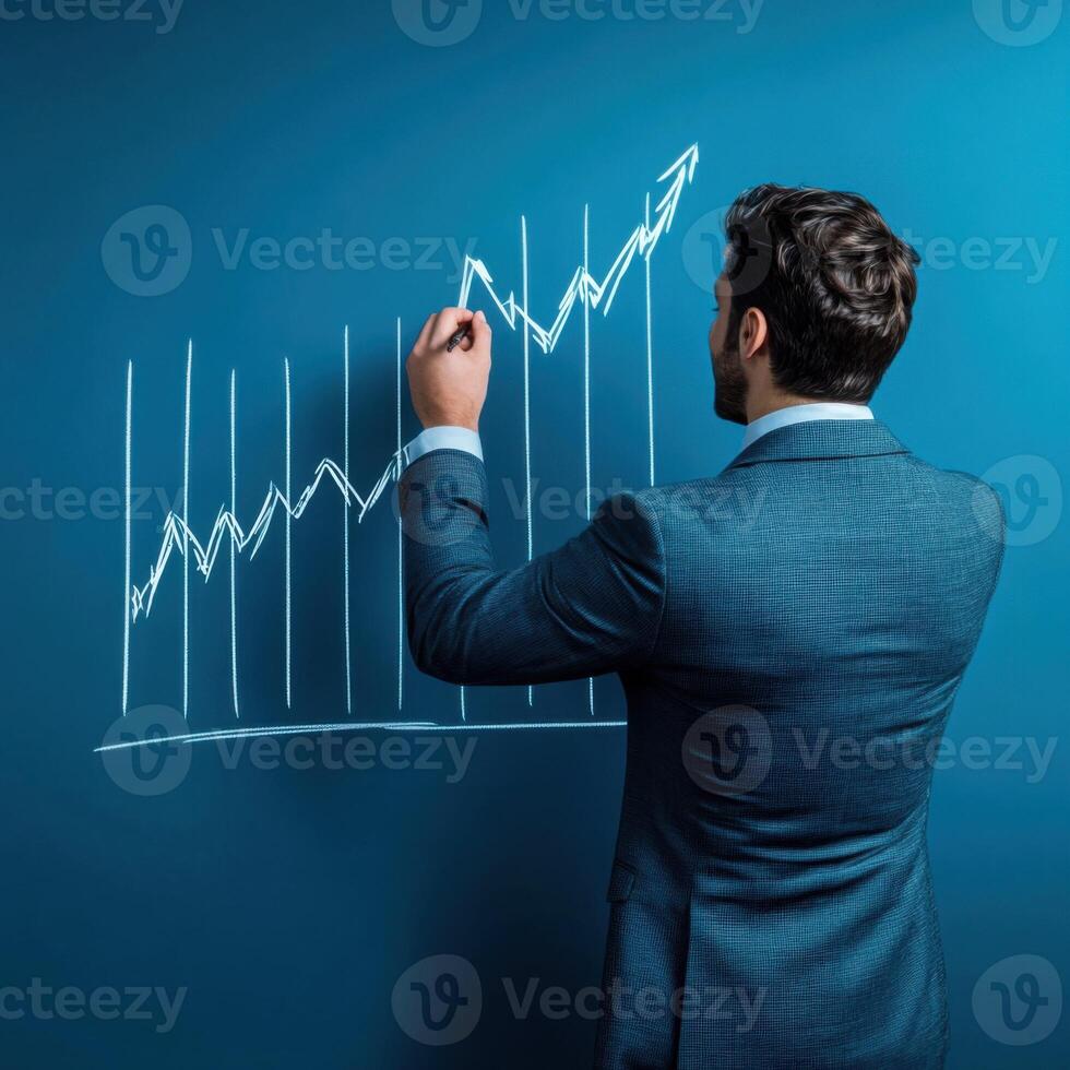 Business professional drawing a growth chart on a blue wall during a presentation in an office setting photo