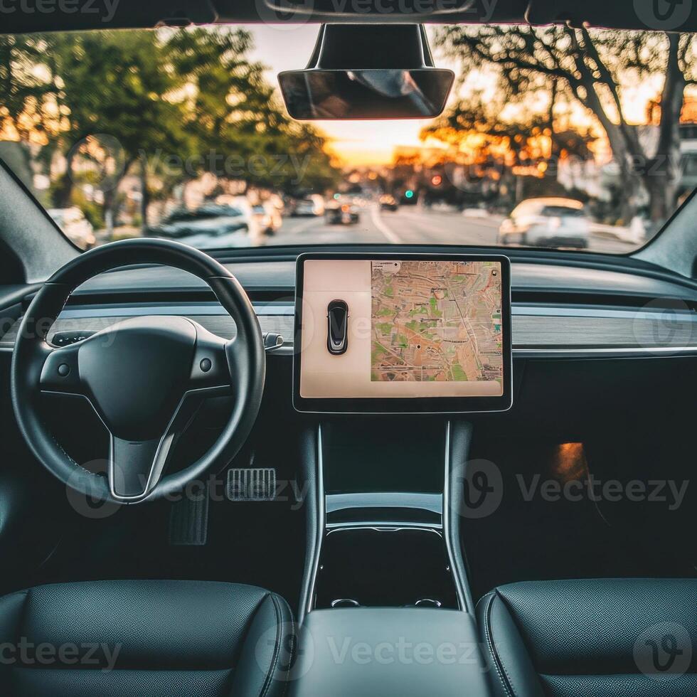 Interior view of a modern electric car showcasing a large touchscreen display with navigation at sunset photo