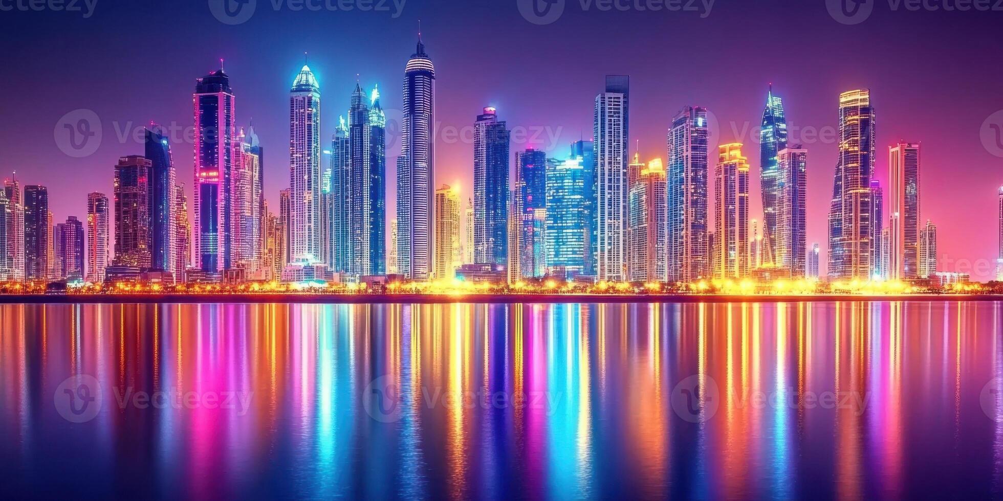 Spectacular city skyline reflection at dusk with vibrant lights and towering skyscrapers photo