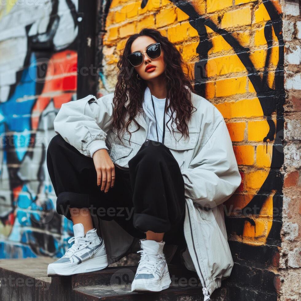 Stylish young woman poses against vibrant urban graffiti backdrop in casual streetwear during a sunny day photo