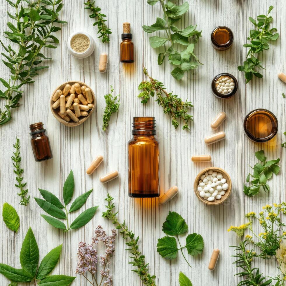 Herbal remedies and natural supplements arranged on a wooden table with green leaves and various containers photo