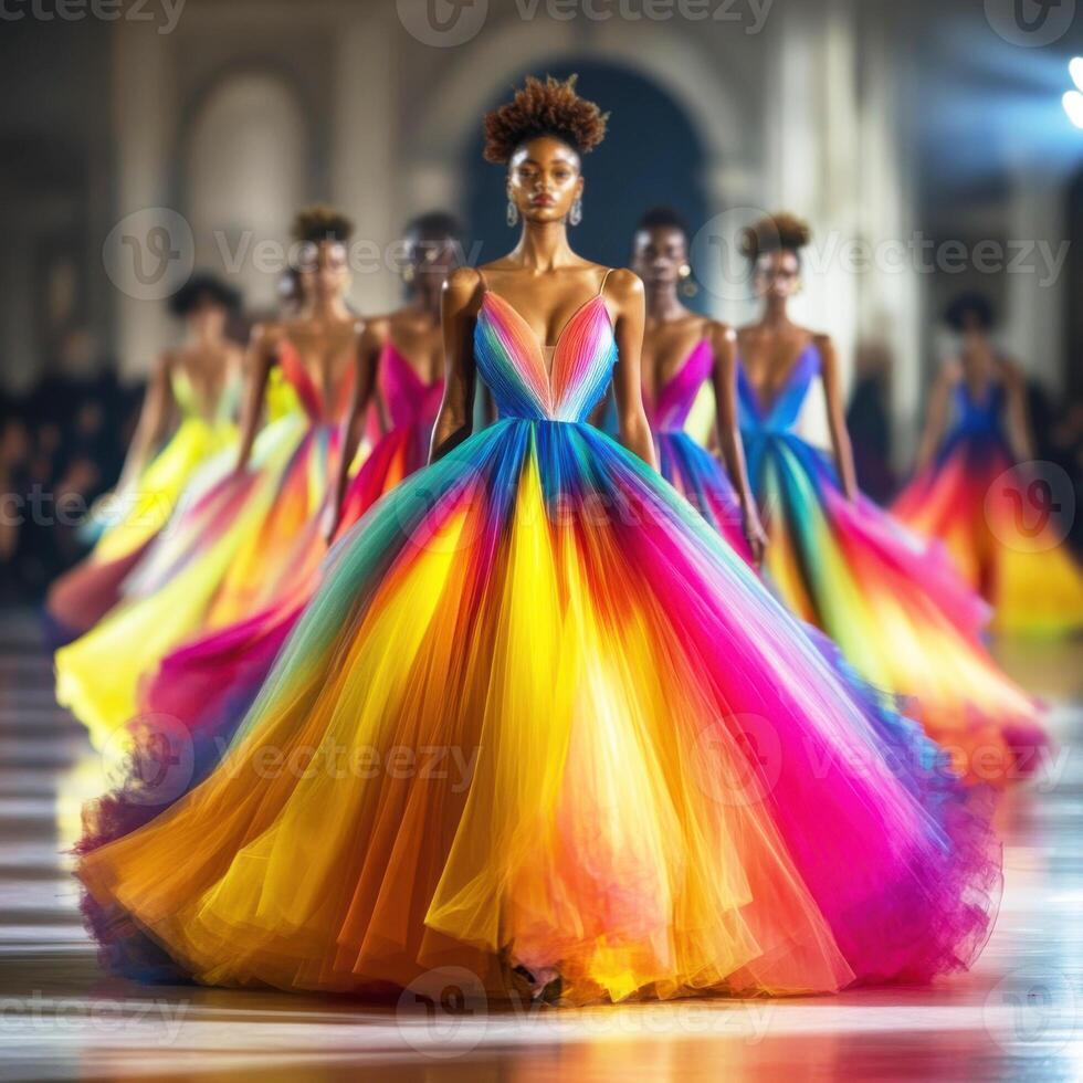 Models showcase vibrant gowns in a fashion show highlighting rainbow colors in a grand venue during evening hours photo