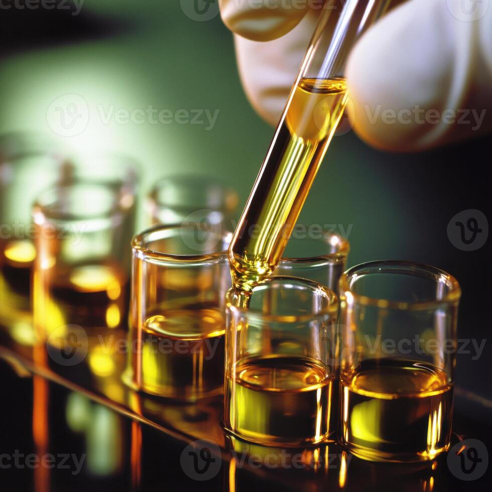 Laboratory technician conducts experiment with yellow liquid in glass test tubes during research study photo