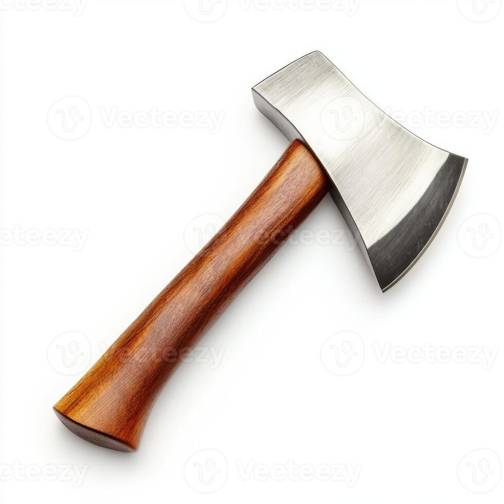 High-quality axe with wooden handle and polished steel blade displayed on a light background photo