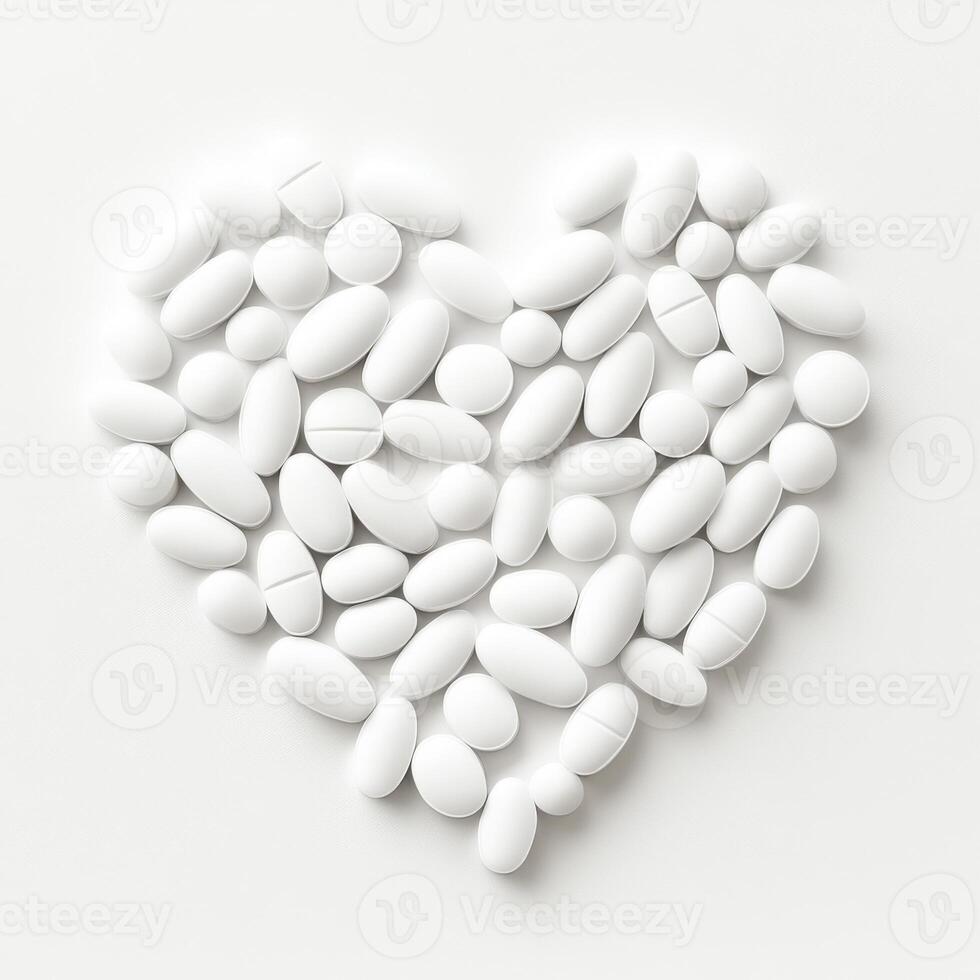 White pills arranged in a heart shape on a plain background symbolizing health and wellness photo