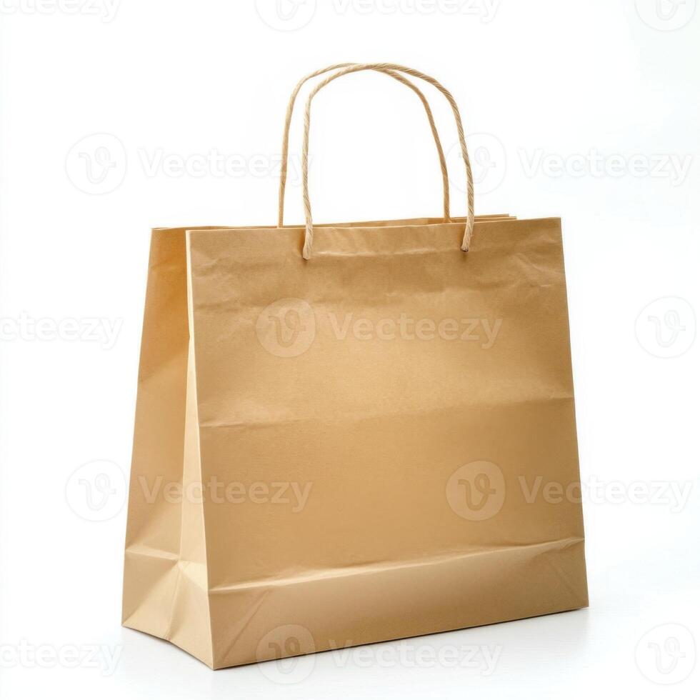 Brown paper bag resting on a light background ready for shopping or gift giving photo