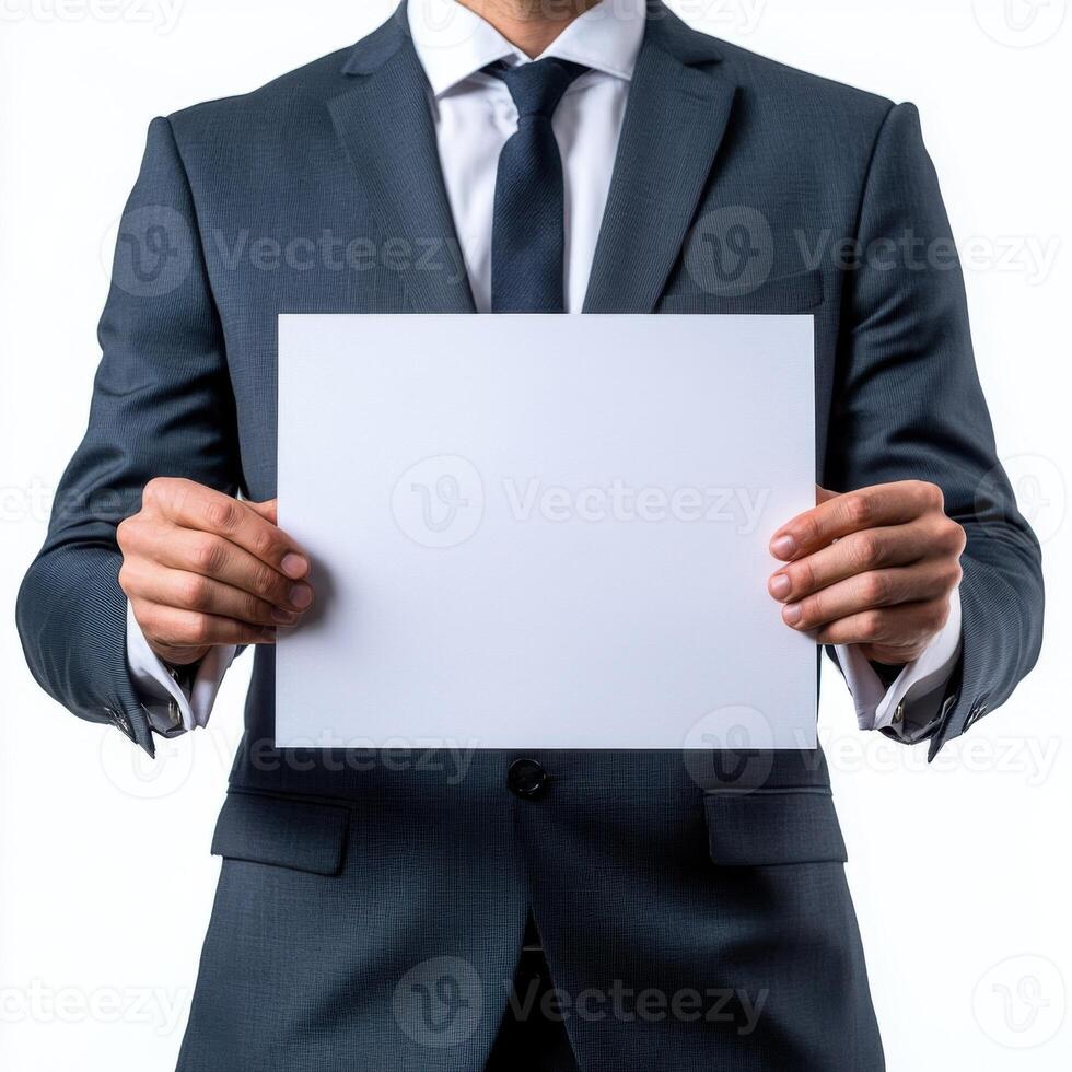 Professional man in formal attire holding a blank document in a studio setting during the daytime photo