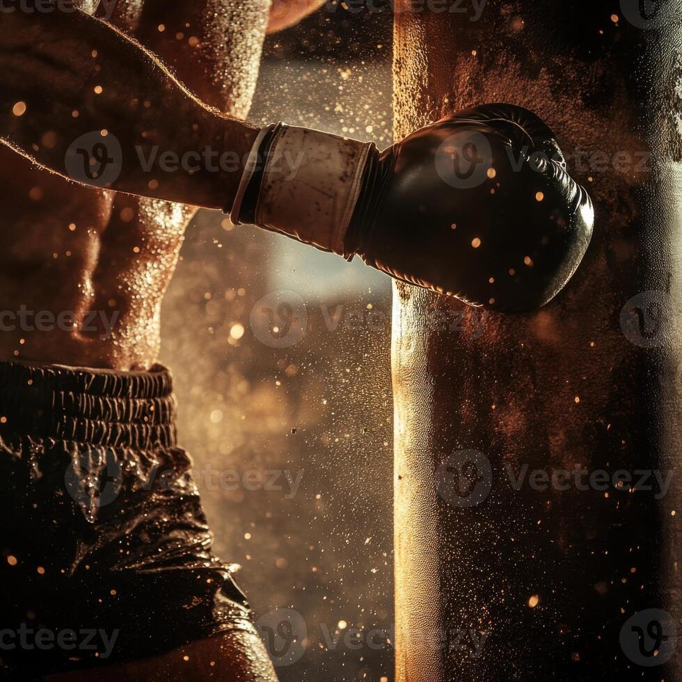 Boxer practices punches on a heavy bag in a gym, focusing on technique and intensity in the early morning hours photo