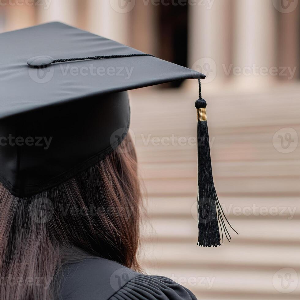 Graduation ceremony showcasing proud student wearing cap and gown at historic university campus photo