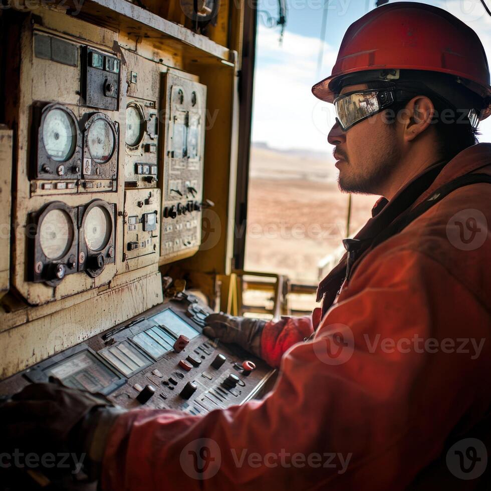 Skilled worker operates industrial control panel in remote location during daylight hours photo