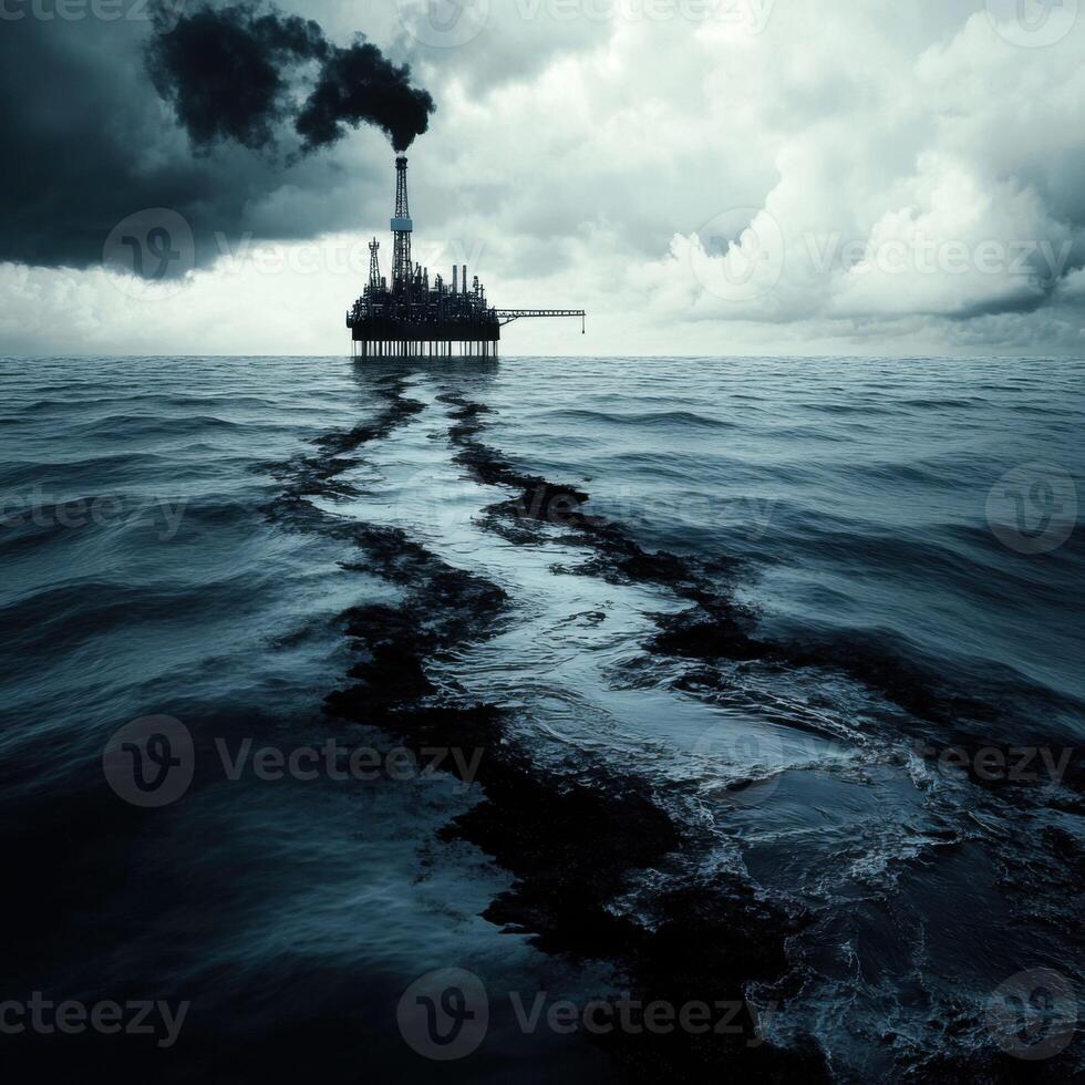 Oil rig stands against dark clouds. Oil leak into the sea, demonstration of an environmental disaster. photo