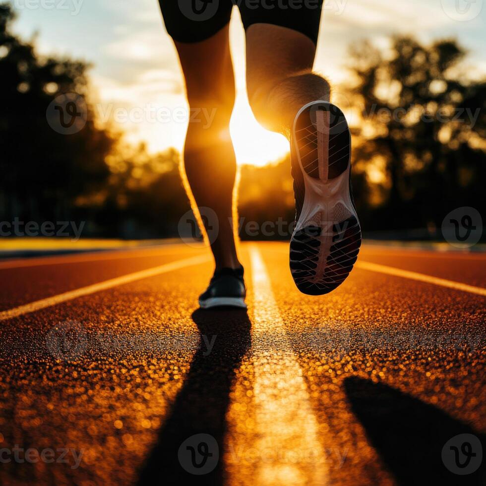 Runner completes a training session on a track during sunset, highlighting determination and focus photo