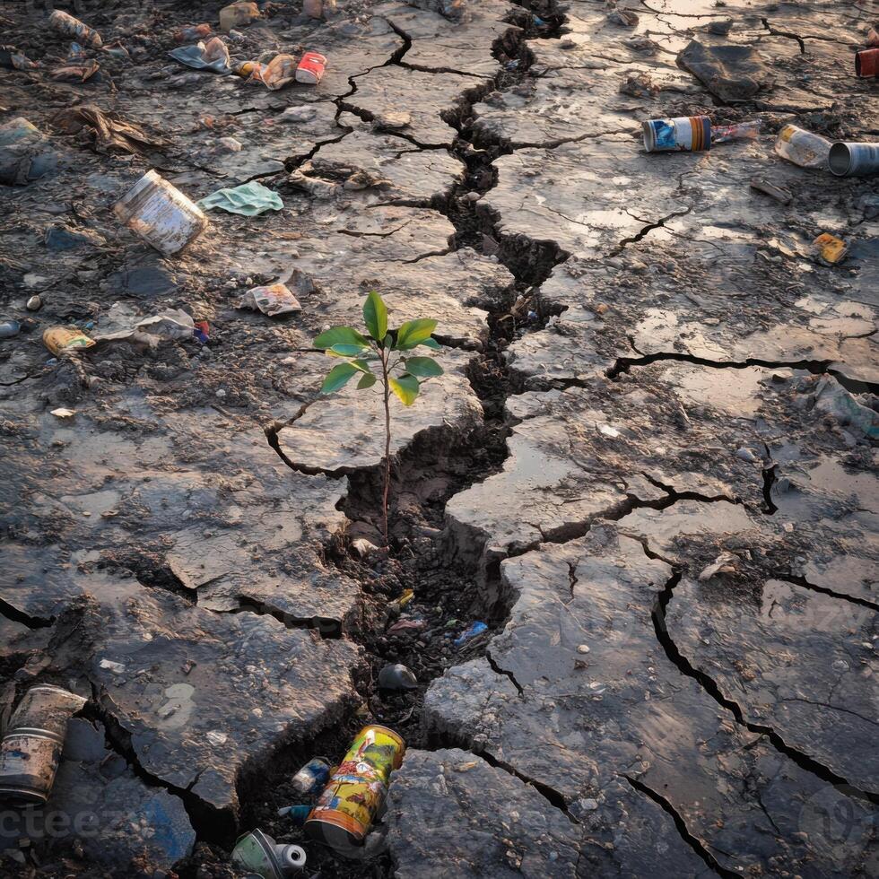 Environmental degradation evident through cracked earth and scattered waste in an arid landscape photo