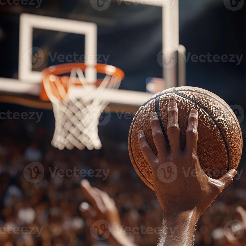Hand of a player preparing to shoot a basketball during a competitive game in a crowded arena at night photo
