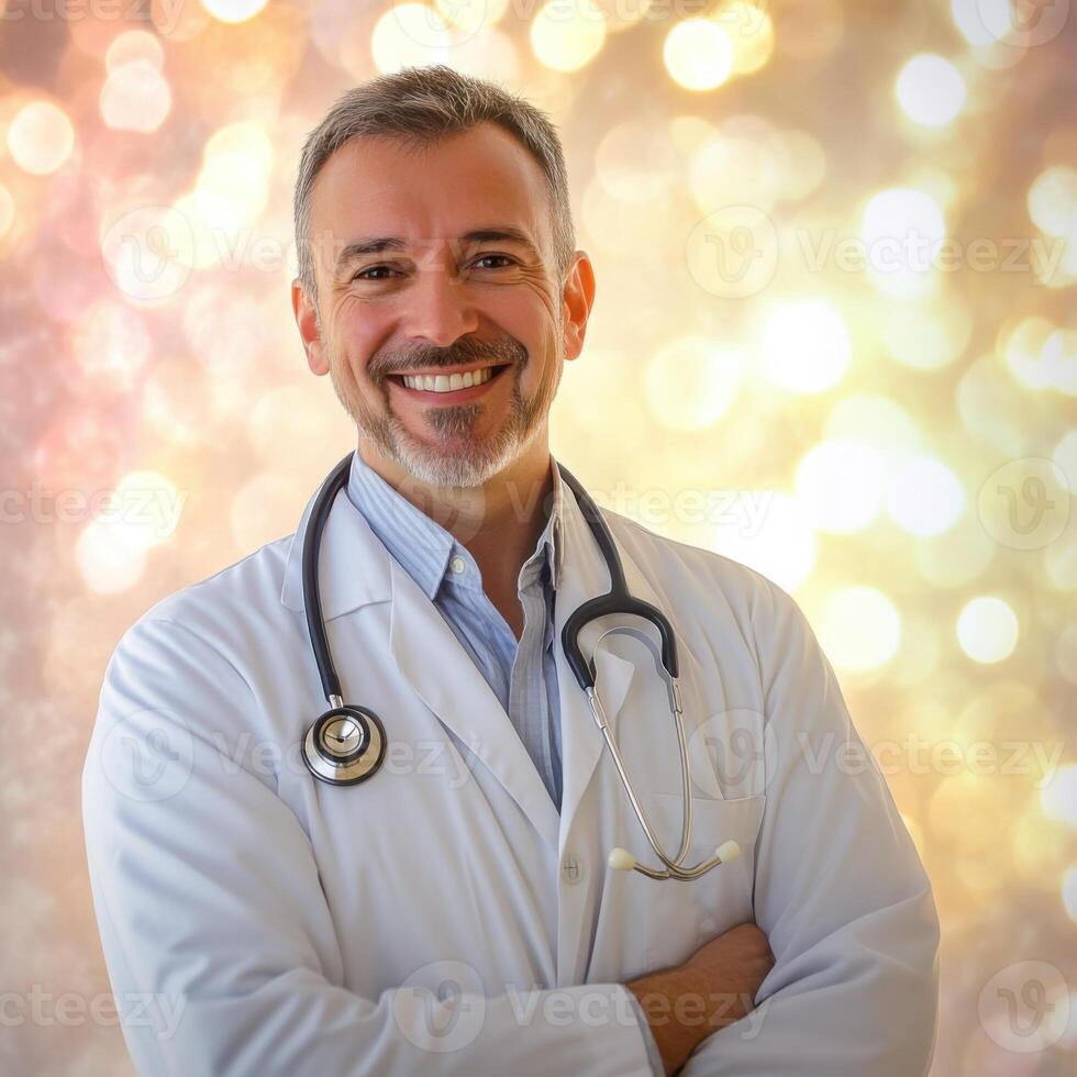 Smiling doctor in white coat with stethoscope on bright background showing confidence and professionalism photo