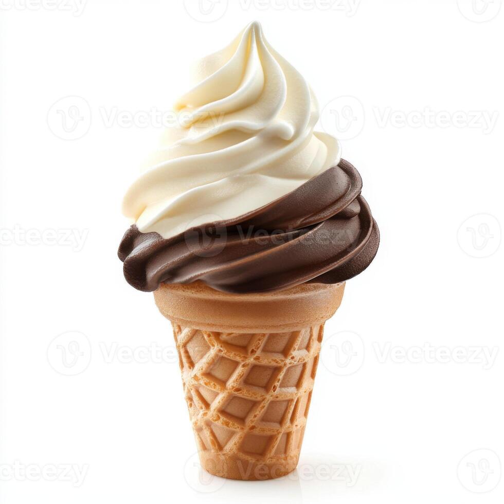 Delicious soft serve ice cream cone with creamy chocolate and vanilla swirls served fresh photo