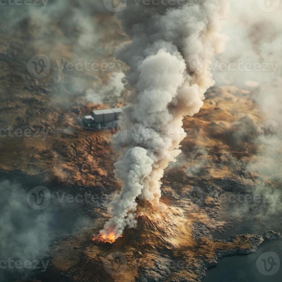 Volcanic eruption releasing thick smoke and ash over a rugged landscape in a remote location photo