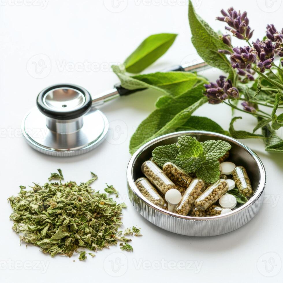 Herbal supplements and fresh herbs arranged with medical instruments on a white surface for natural health solutions photo