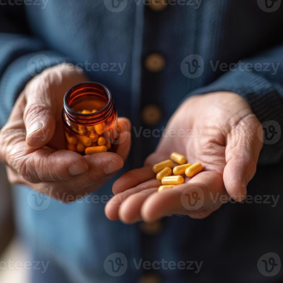 Elderly person holding supplement capsules in hands with a bottle in the other hand during a wellness routine photo
