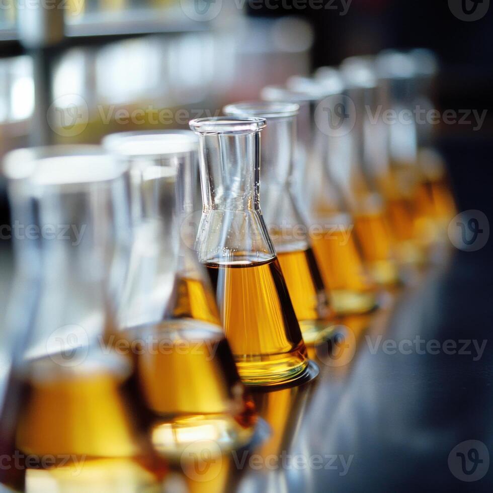 Laboratory setup with multiple glass flasks containing yellow liquid for scientific experiments and analysis photo