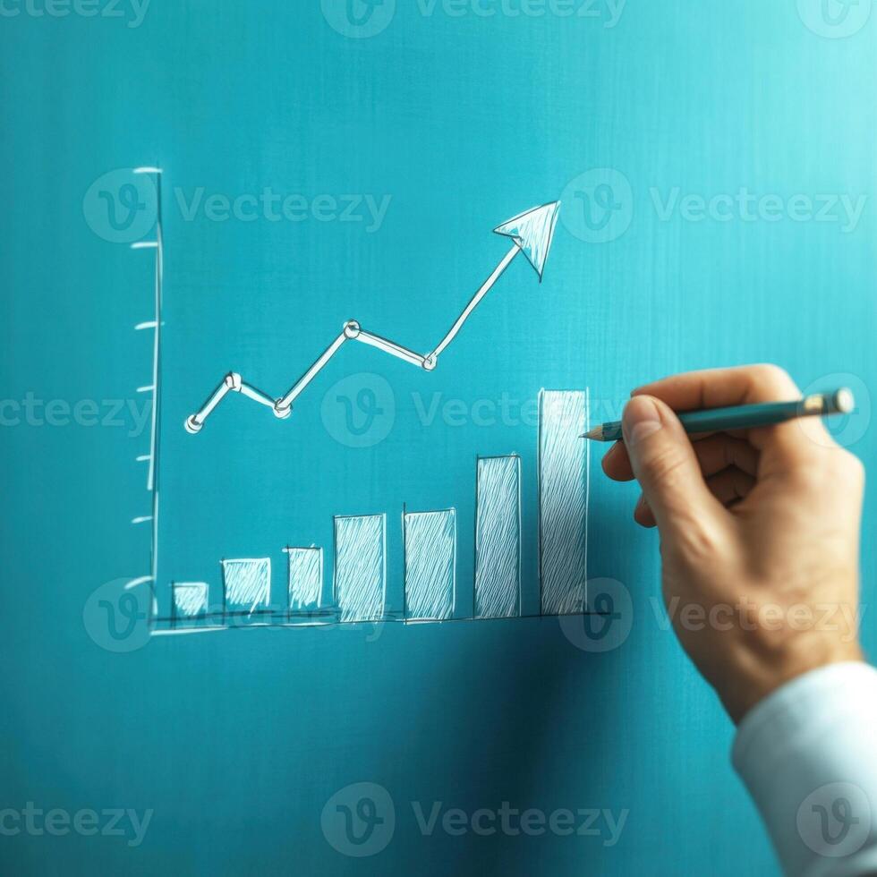 Hand drawing a chart with increasing trends on a blue background using a pencil during a business presentation photo