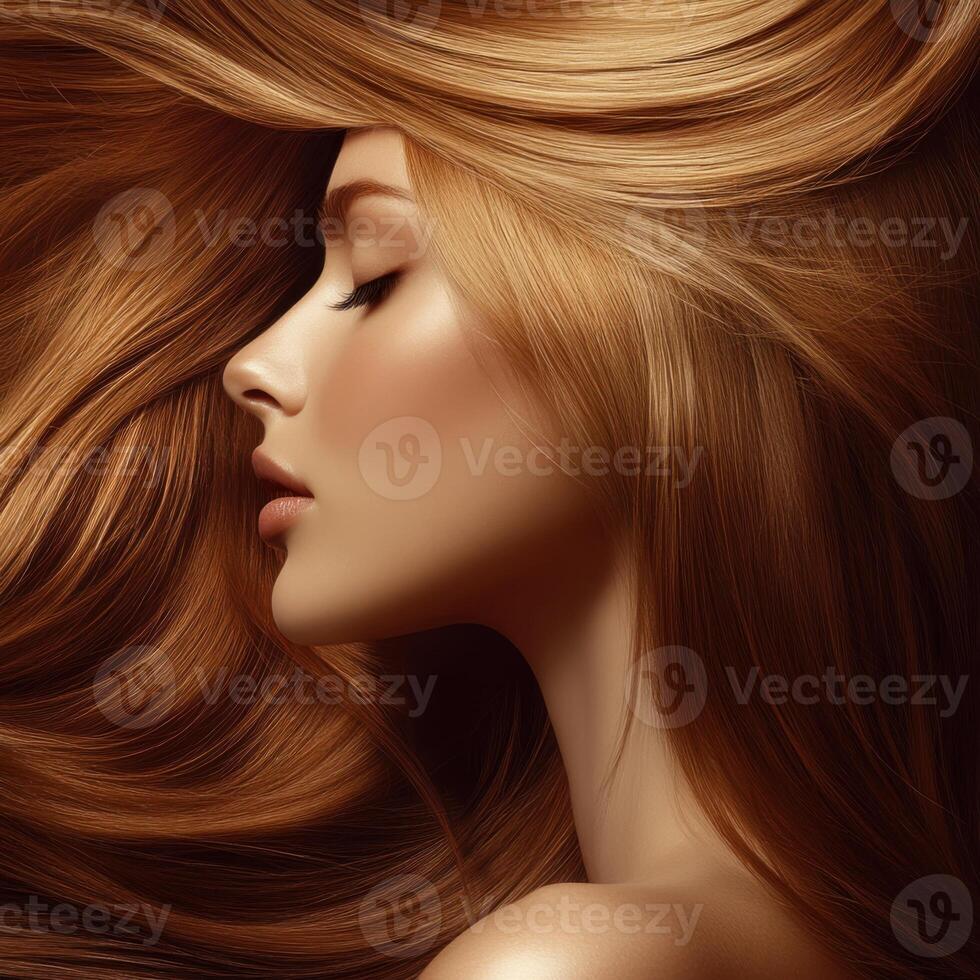 Woman with flowing long hair poses gracefully against a dark background showcasing beauty and elegance in a serene moment photo