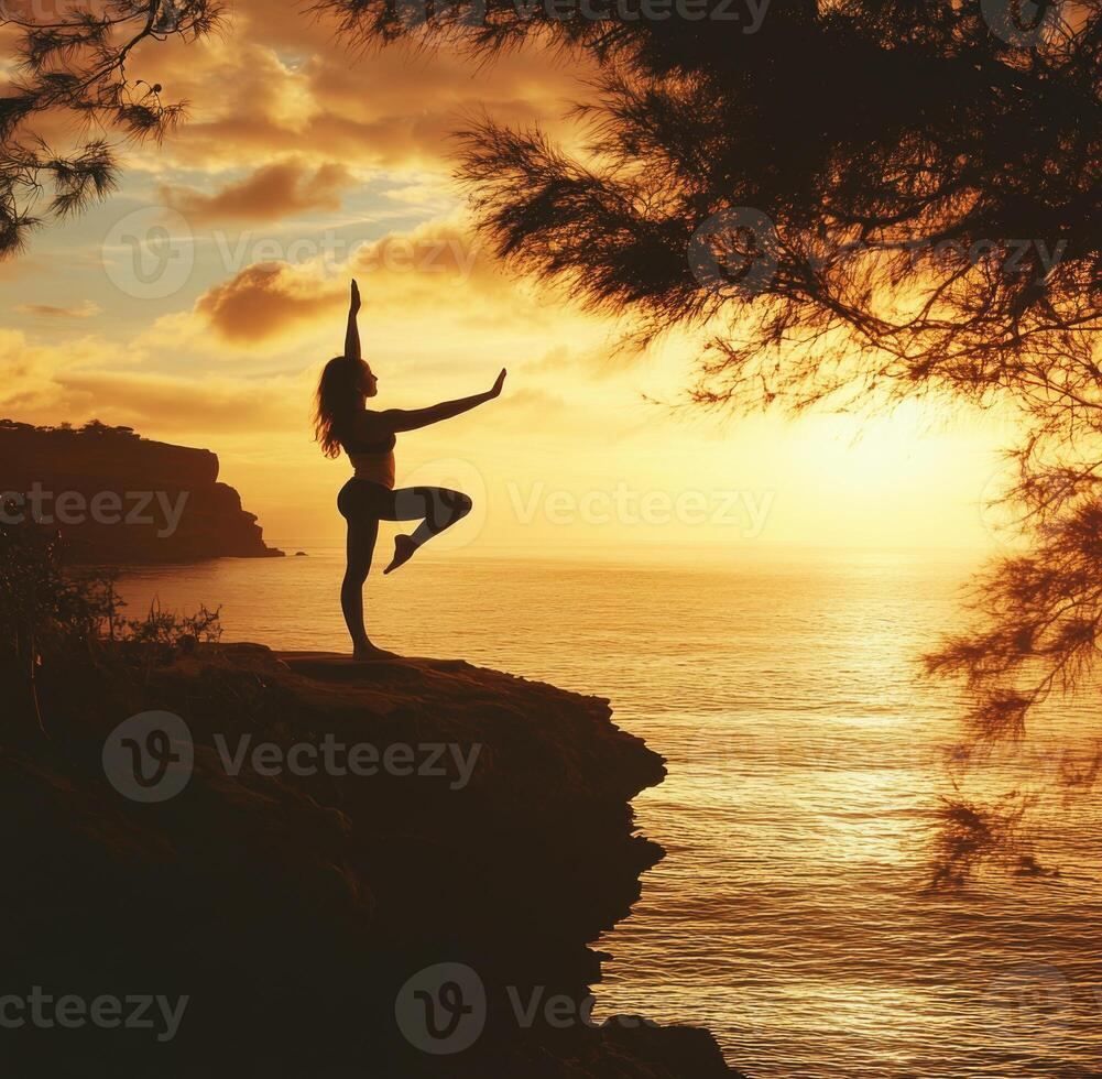 Sunset yoga pose on rocky cliff by the ocean with silhouette of a woman against vibrant colors photo