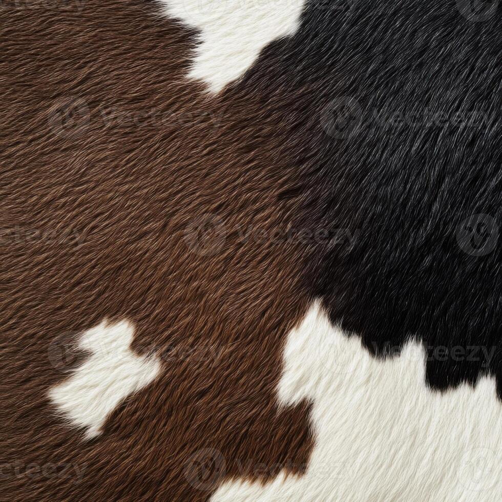 Close-up of textured cowhide showing brown and black patches in a natural pattern photo