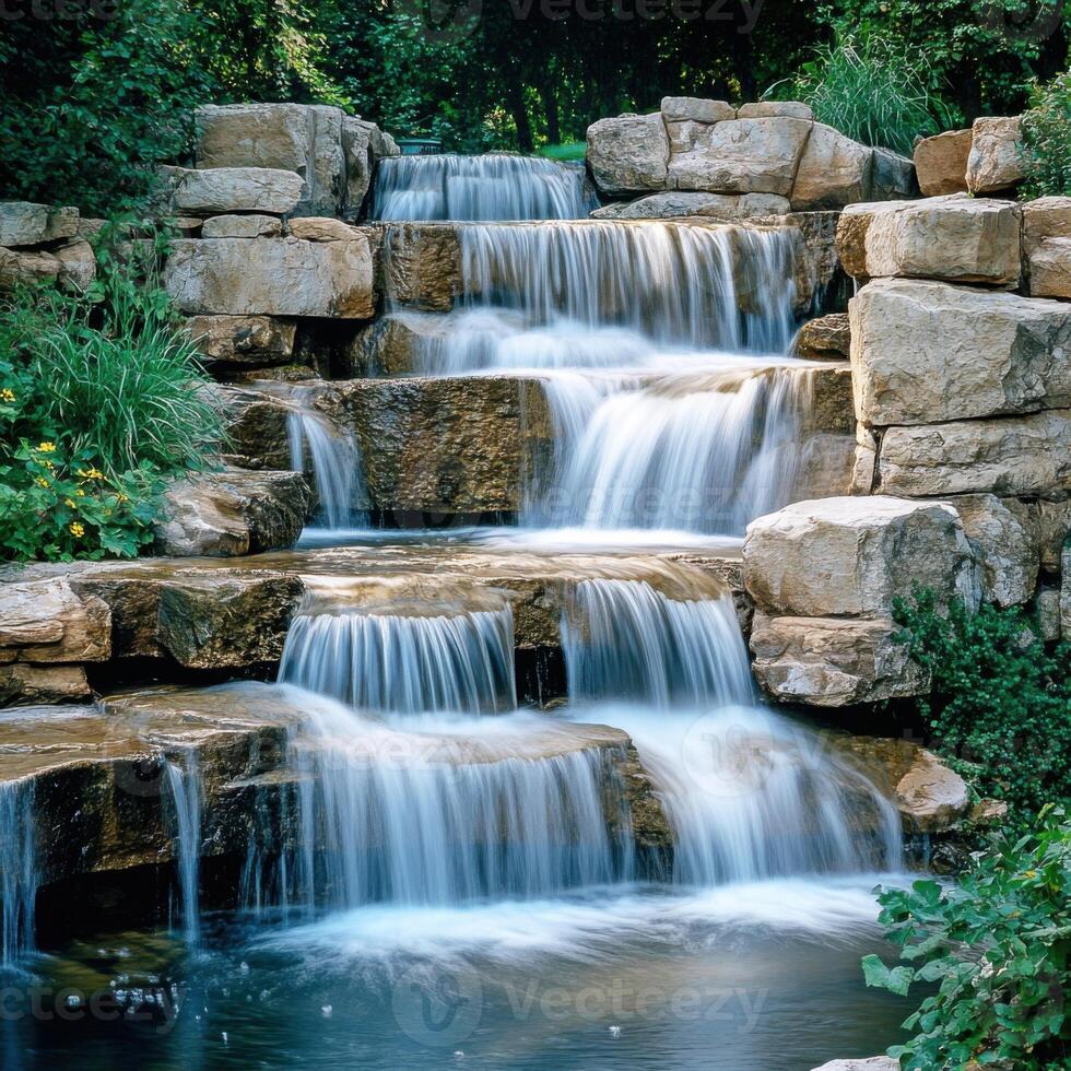 Flowing water cascades gracefully over natural stone steps in a serene setting surrounded by lush greenery photo