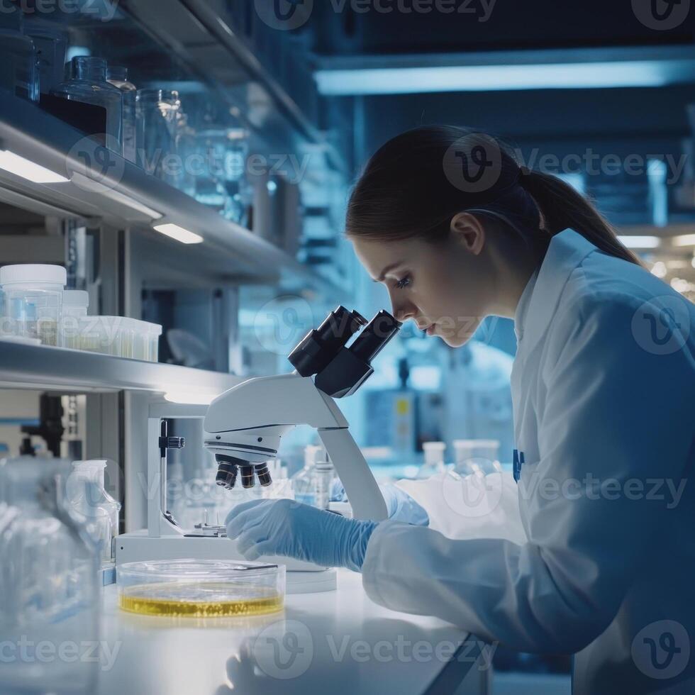 Scientist examines samples under microscope in a modern laboratory setting during evening hours photo
