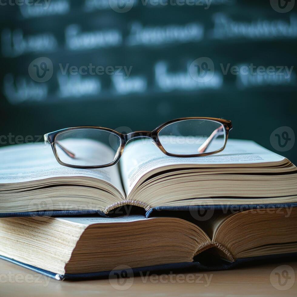 Glasses resting on open books in a classroom setting with chalkboard in the background photo