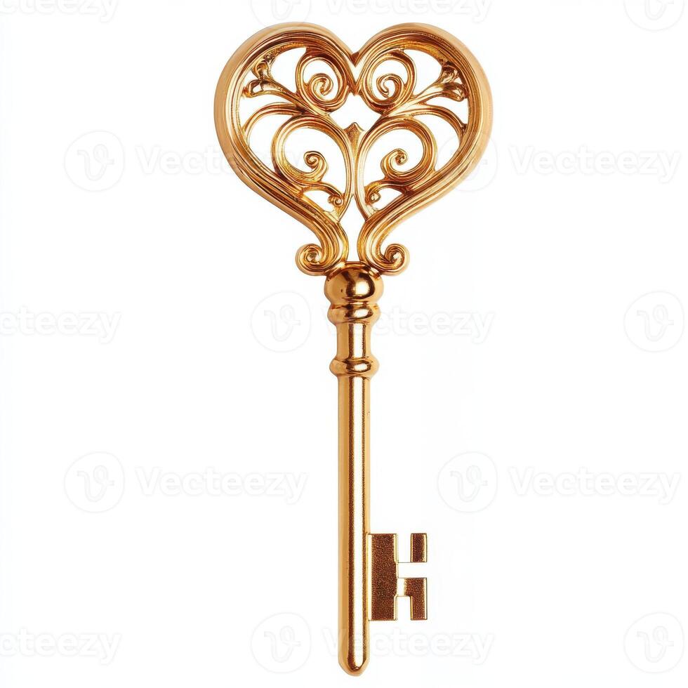 Intricately designed heart-shaped golden key with ornate details for decorative purposes or collection photo