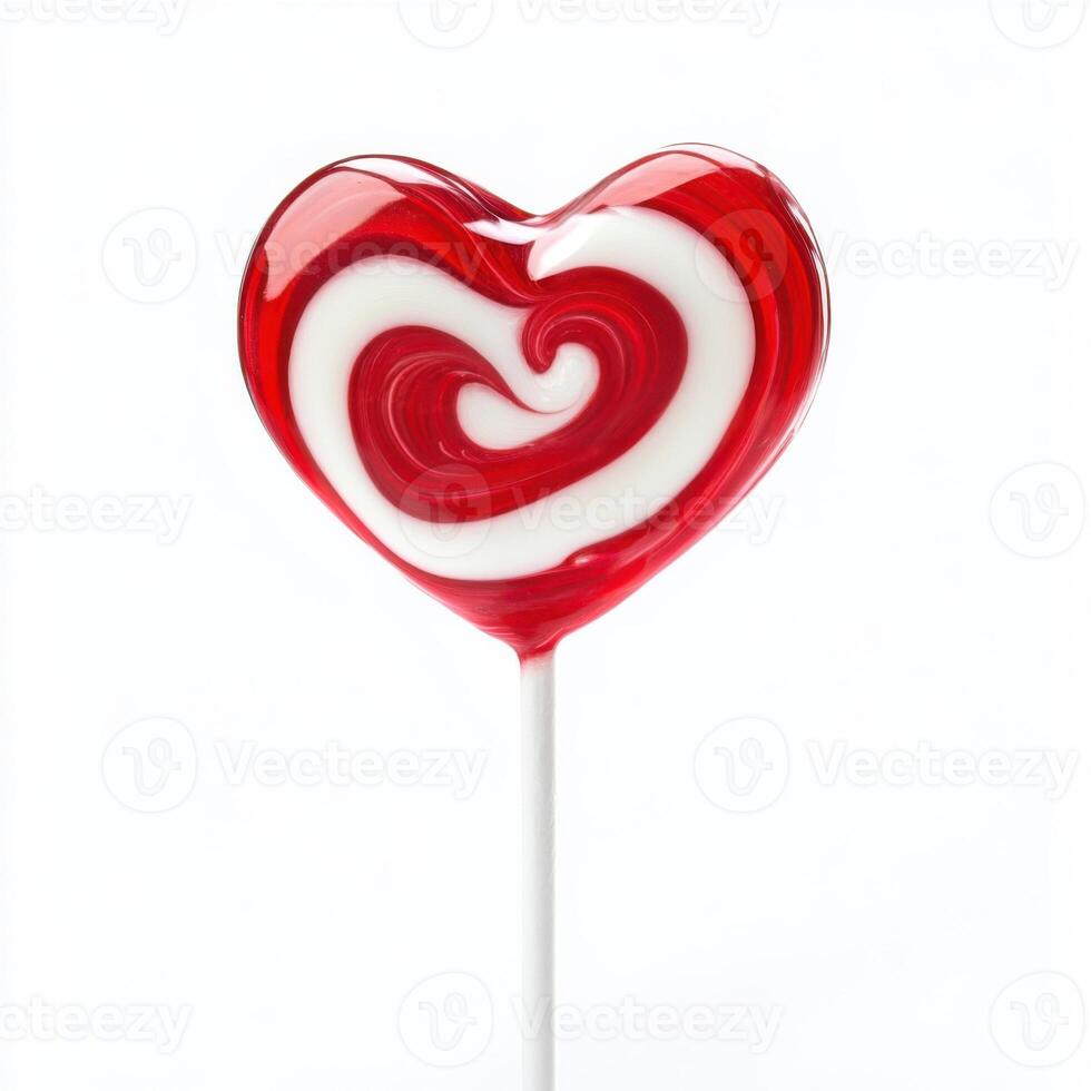 Colorful heart-shaped lollipop with red and white swirls perfect for celebrations and sweet treats photo