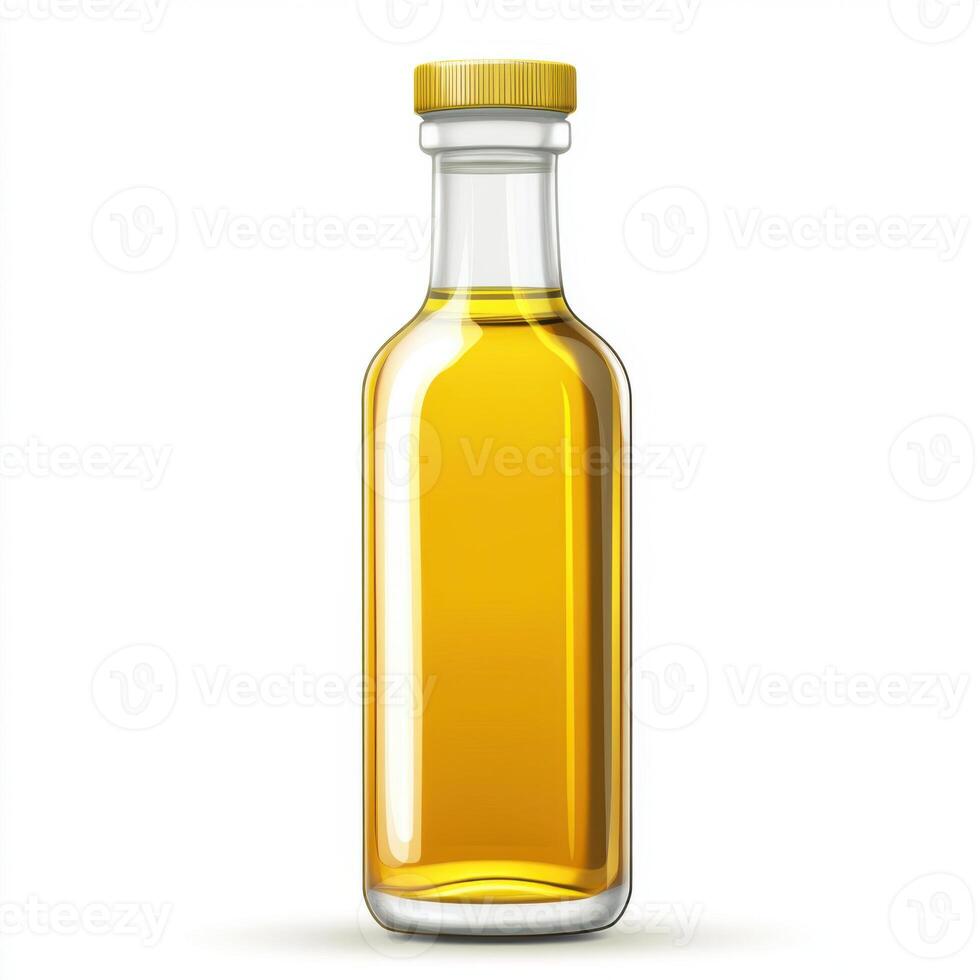 Clear glass bottle with yellow liquid suitable for culinary or cosmetic use placed prominently on a light background photo