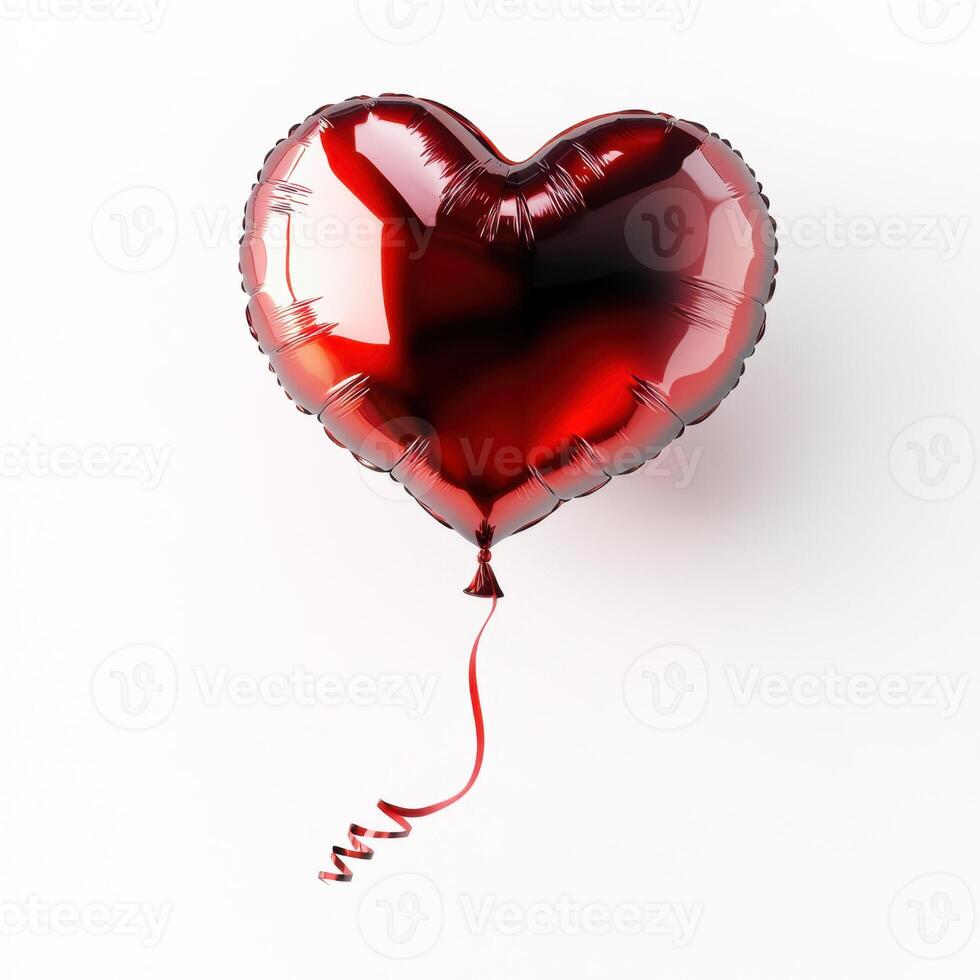 Red heart-shaped balloon floating elegantly with a curly ribbon against a clean white background photo