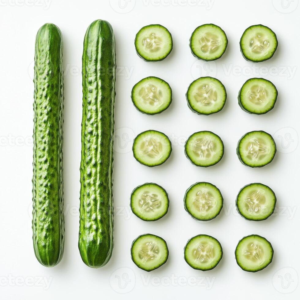 Fresh cucumbers arranged in neat rows with sliced rounds on a white background photo