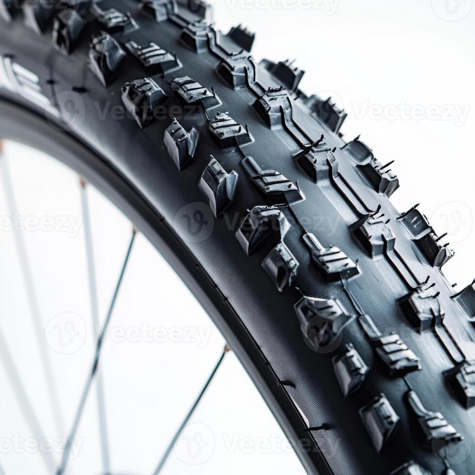 Close-up view of a mountain bike tire highlighting tread design and texture for optimal grip on rugged terrain photo