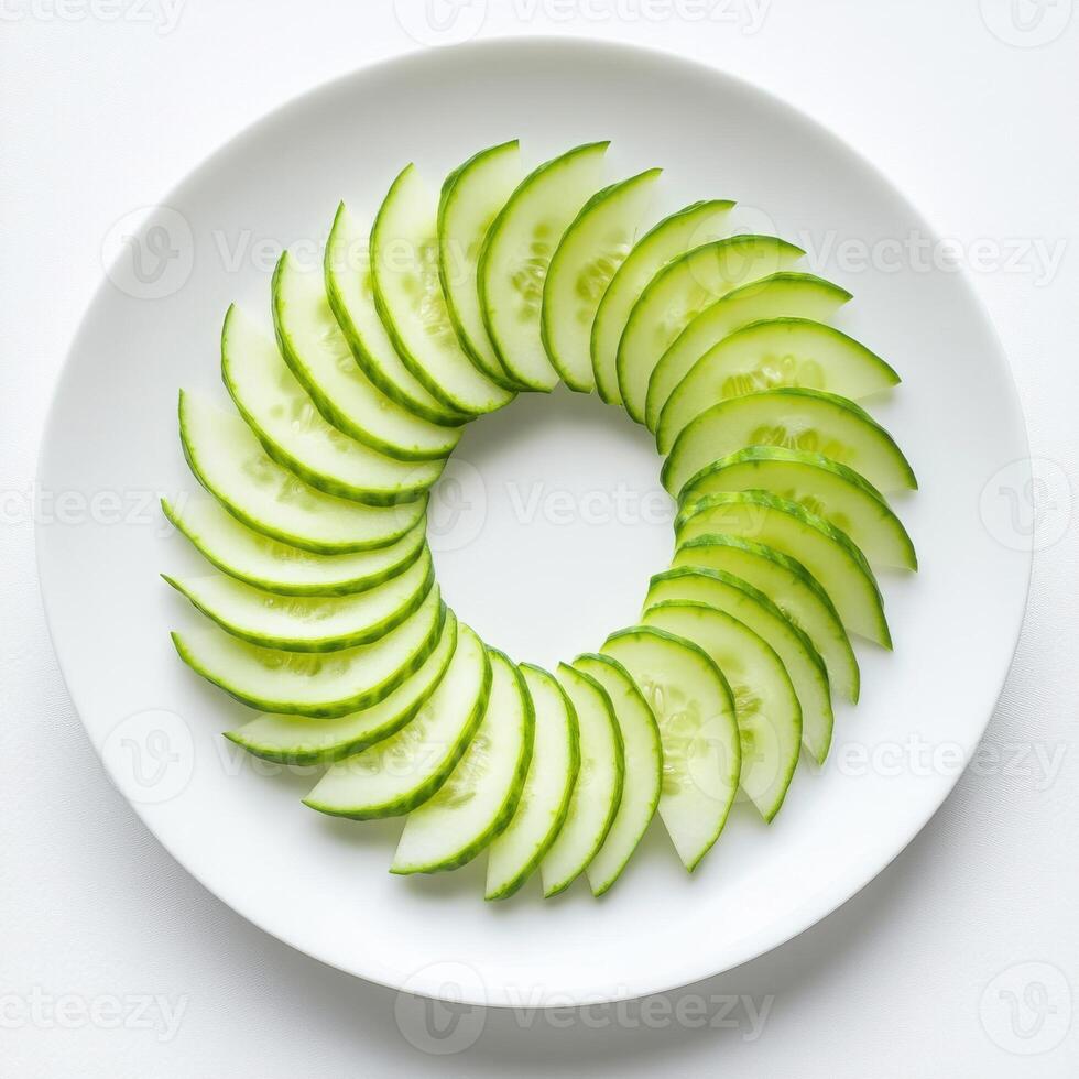 Cucumber slices arranged in a circular pattern on a white plate for a fresh and healthy presentation photo